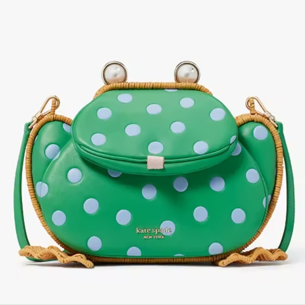 KATE SPADE | Lily Polka Dot Wicker 3D Frog Crossbody w/ Card Holder 2-pc Set - Picture 6 of 13
